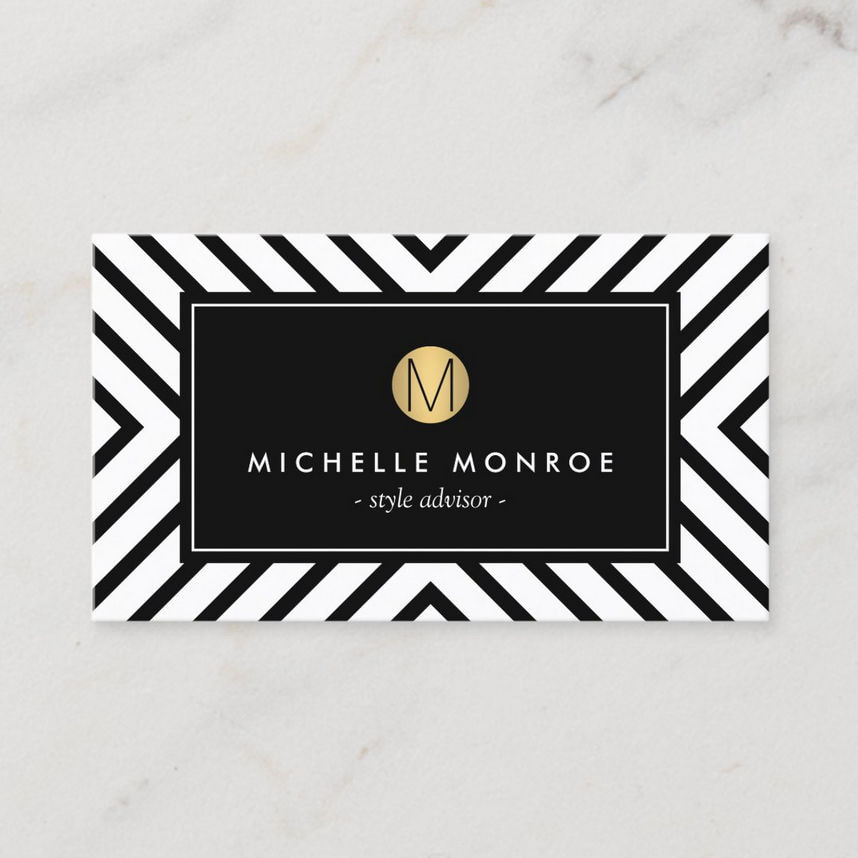 Retro Mod Black and White Pattern Gold Monogram Business Cards