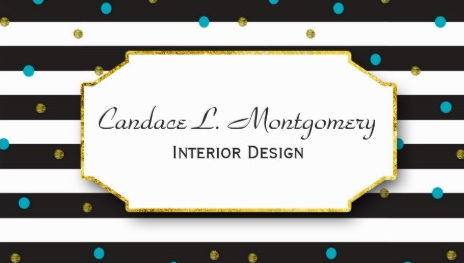 Fun Turquoise and Gold Dots On Black Stripes Interior Design Business Cards