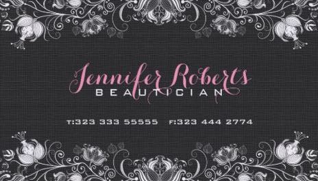 Girly Black Burlap Linen and White Floral and Lace Beautician Business Cards
