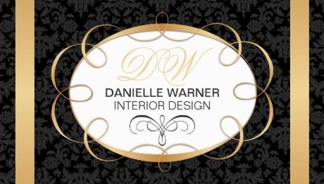 Elegant Damask and Gold Monogram Initials Interior Design Business Cards