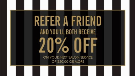 Black and White Stripes Gold Text Salon Referral and Discount Business Cards