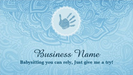 Elegant Soft Blue Paisley With Cute Hand Print Babysitting Business Cards