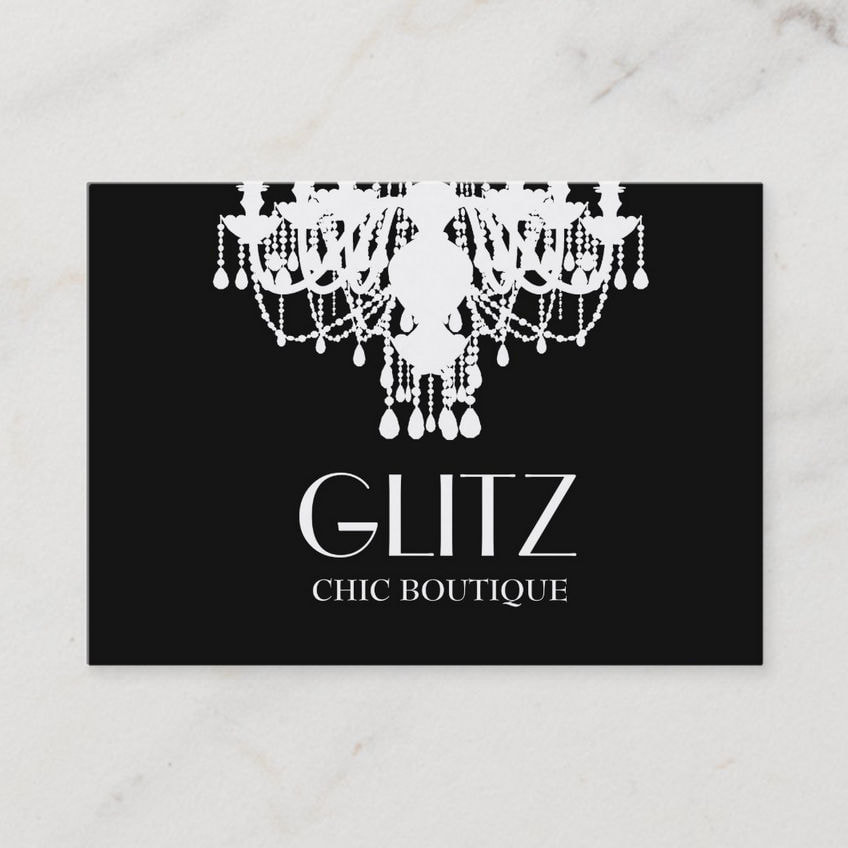 Glitz Black and White Chandelier Chic Boutique Business Cards