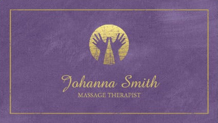Professional Purple and Gold Hands Logo Massage Therapist Business Cards