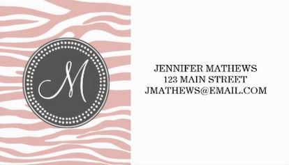 Chic Pink and  White Zebra Pattern Taupe Circle Monogram Business Cards 