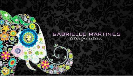 Colorful Retro Floral Elephant and Black Damask Business Cards