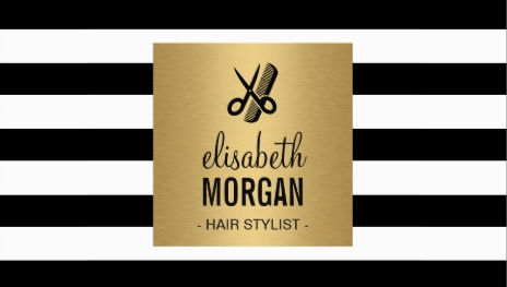 Hairstylist Retro Black and White Stripes Gold Square Business Cards 