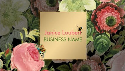 Beautiful Pink Vintage Roses Butterfly and Bee With Gold Box Business Cards