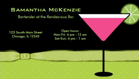 Girly Mod Pink Cocktail With Lime Professional Bartender Business Cards