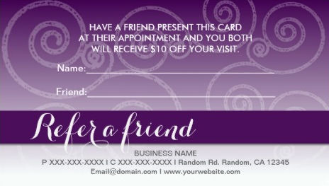 Dark Purple and White Swirls Refer a Friend Business Cards