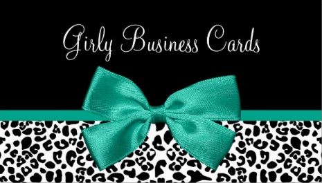 Girly Black and White Leopard Print Chic Emerald Green Ribbon Business Cards