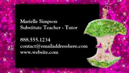 Hot Pink Glitter Apple Substitute Teacher Tutor Business Cards
