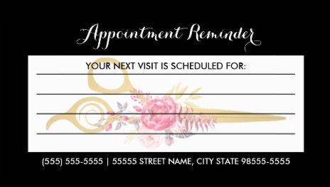 Faux Gold Scissors Pink Floral Hair Appointment Reminder Business Cards