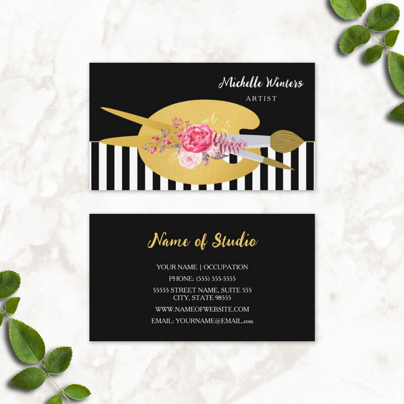 Artist Paint Pallet Gold With Pink Floral Business Cards