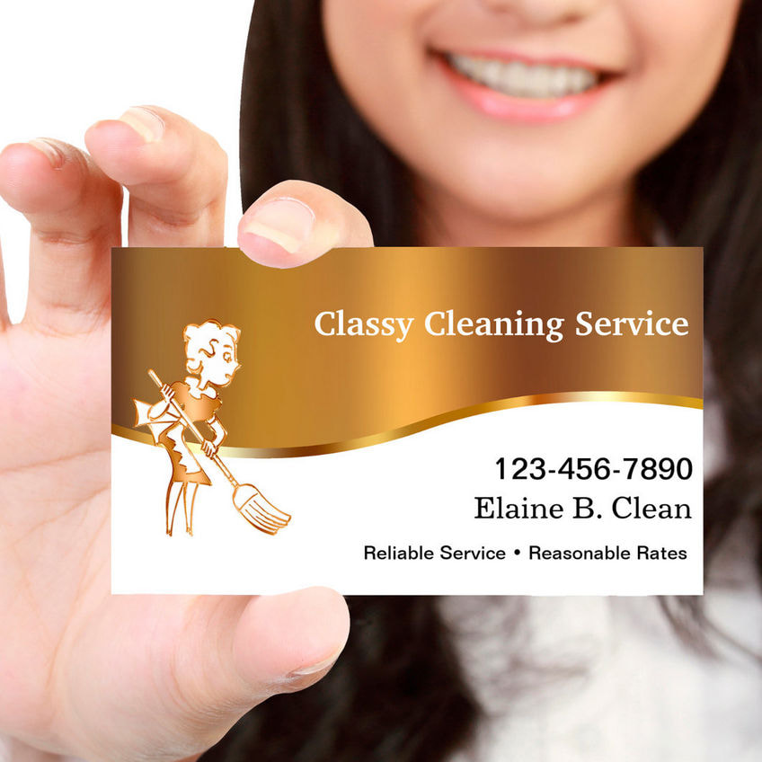 Cute and Classy Gold and White Maid With Broom Cleaning Business Cards
