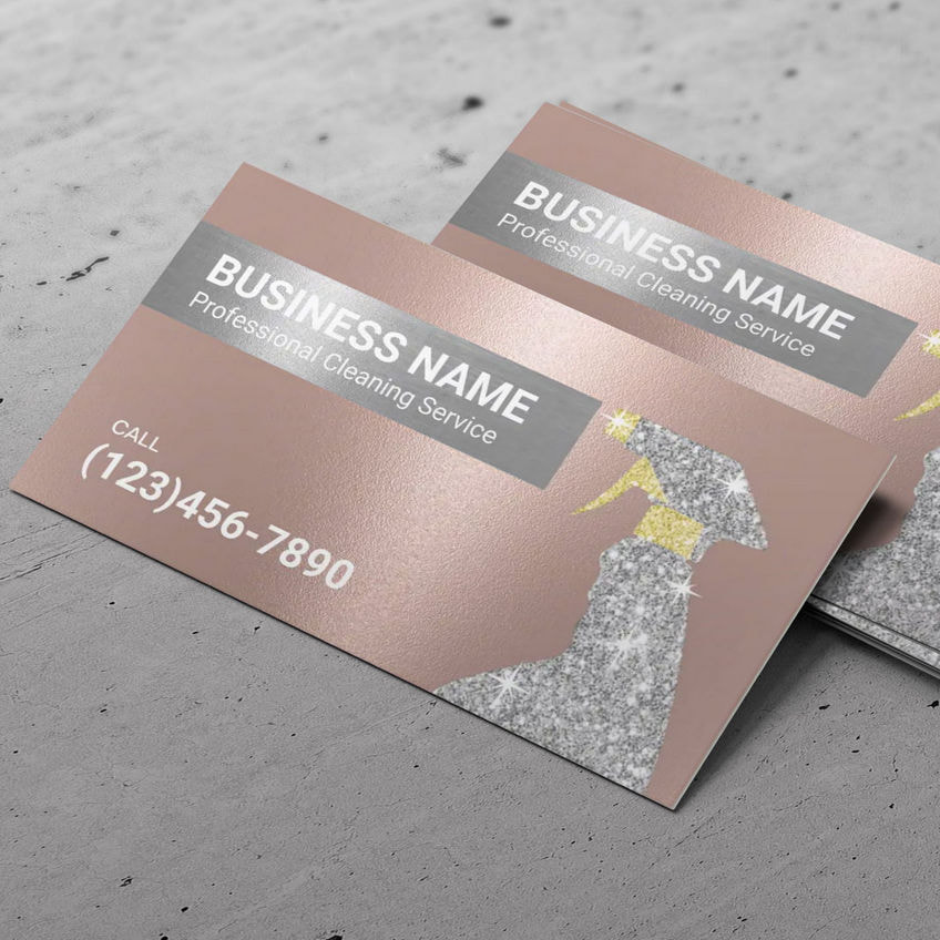 Cleaning Service Rose Gold and Silver Glitter Spray Bottle Maid Business Cards