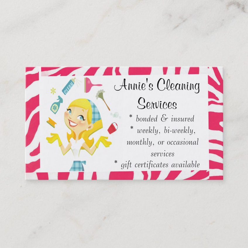 Cute Pink Zebra Print Cheerful Housekeeper Cleaning Services Business Cards
