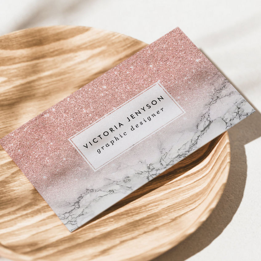Faux Pink Rose Glitter and White Marble Designer Business Cards