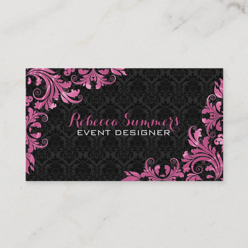 Elegant Pink Metal Lace Subtle Black Damask Event Designer Business Cards