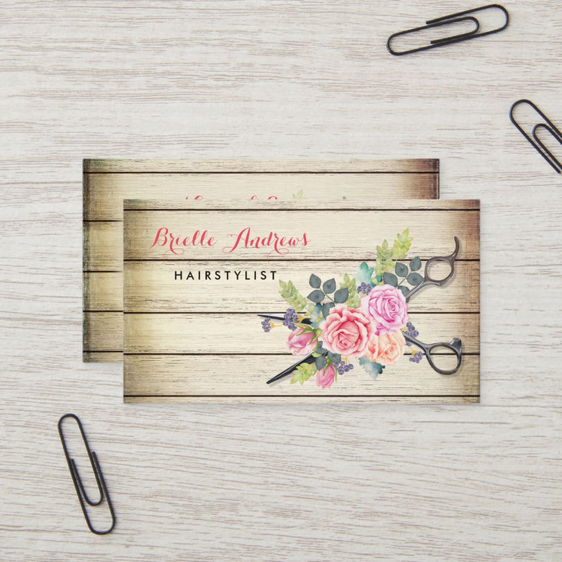 Charming Barn Wood Scissors and Roses Hairstylist Business Cards