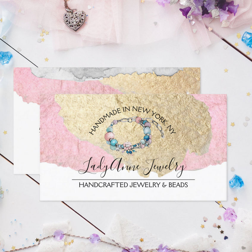 Handcrafted Jewelry and Bead Designer Pink and Gold Foil Style Business Cards