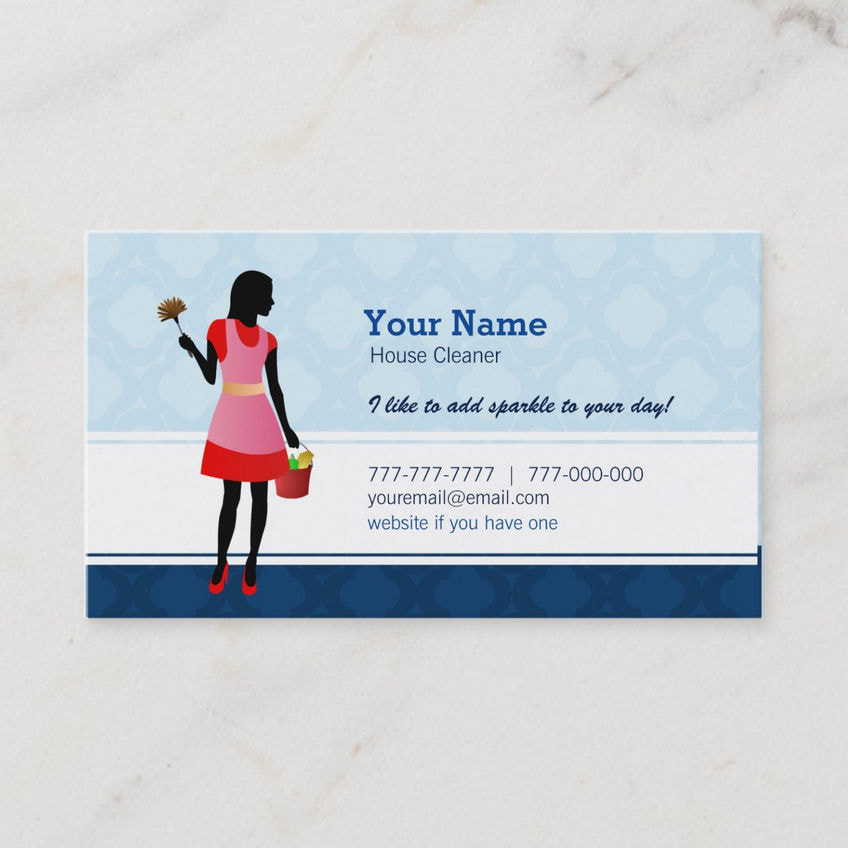 Girly Maid With Pink Dress Blue Background House Cleaner Business Cards
