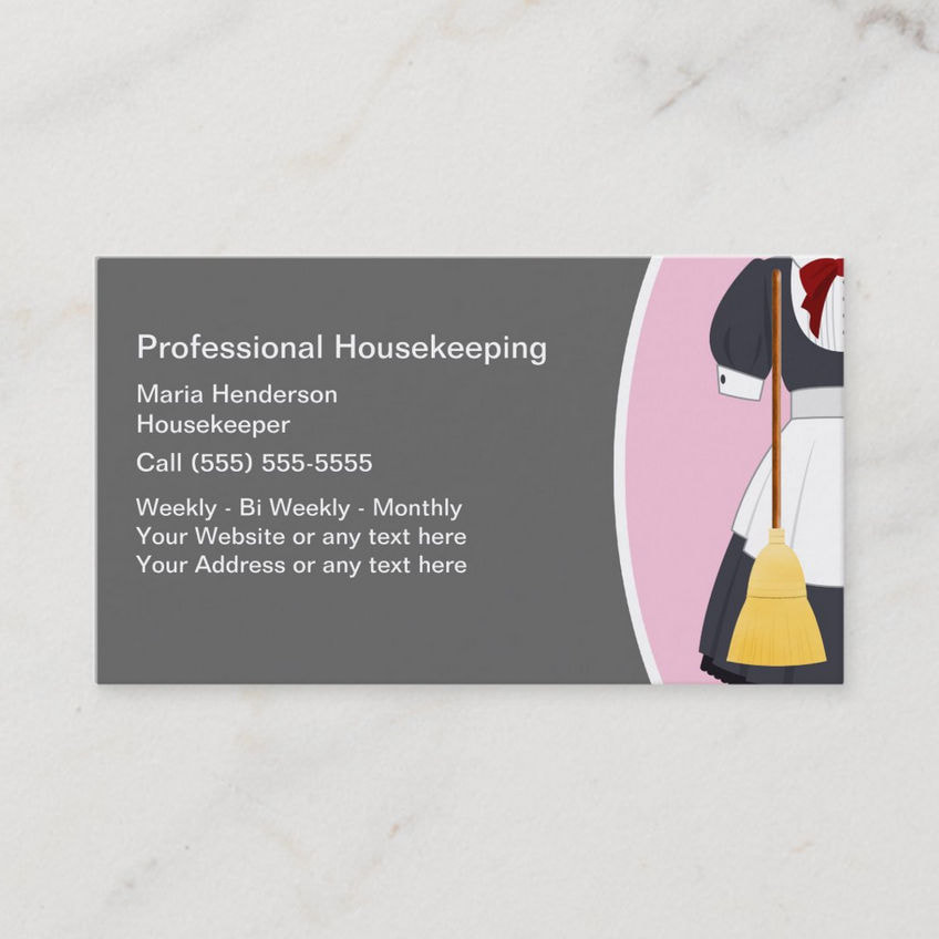 Cute Maid Outfit With Broom Pink Accent Housekeeping Business Cards
