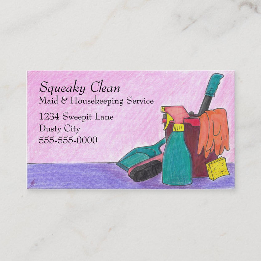 Simple Rosy Pink With Purple Maid Logo Housekeeping Business Cards