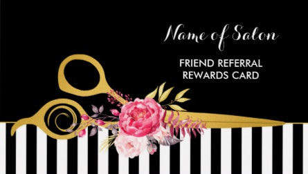 Faux Gold Scissors Pink Floral Hair Salon Friend Referral Business Cards