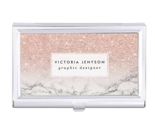 Stylish Faux Rose Pink Glitter Ombre and White Marble Business Card Case
