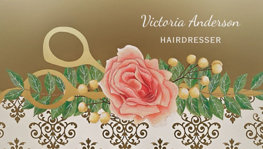 Elegant Damask Hairdresser Vintage Rose Scissors Business Cards