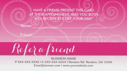 Stylish Pink and White Swirl Refer a Friend Referral Business Cards