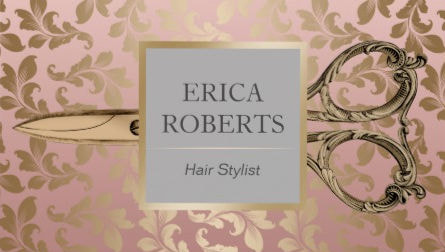 Vintage Hair Stylist Antique Scissors Rose Gold Damask Business Cards