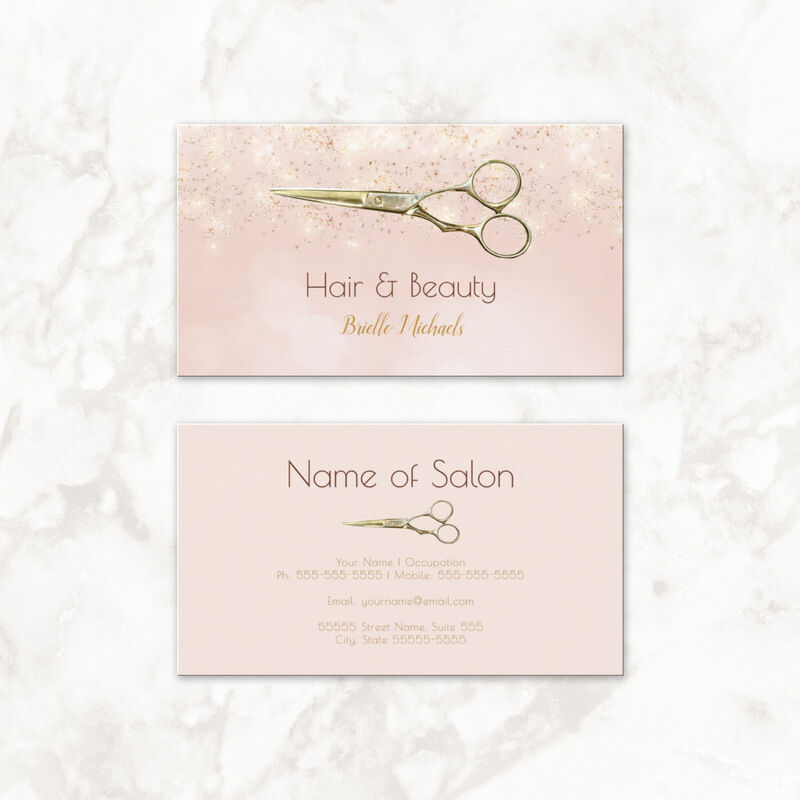 Rose Gold Scissor Pink Glitter Hair Stylist Salon Business Card, Zazzle