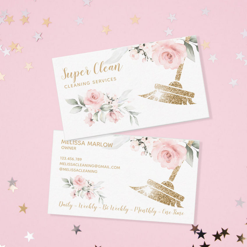 Maid Cleaning Girly Floral House Sparkling Gold Broom Floral Business Cards