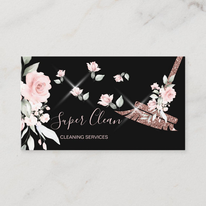 Maid Cleaning Rose Gold Glitter Broom With Pink Floral Business Cards